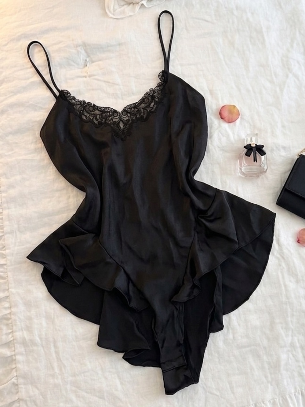 LUCIE ANN II Vintage Lace Trim Satin Like Teddy Slip Bodysuit One Piece Blk Sz L